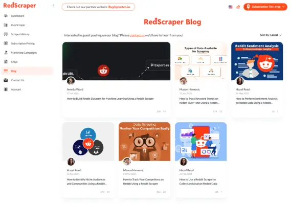 RedScraper blog page with featured articles and tutorials